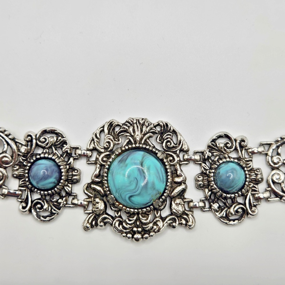 Vintage Coro Pegasus Blue Swirl Bracelet Silver Tone Chunky Statement 7"